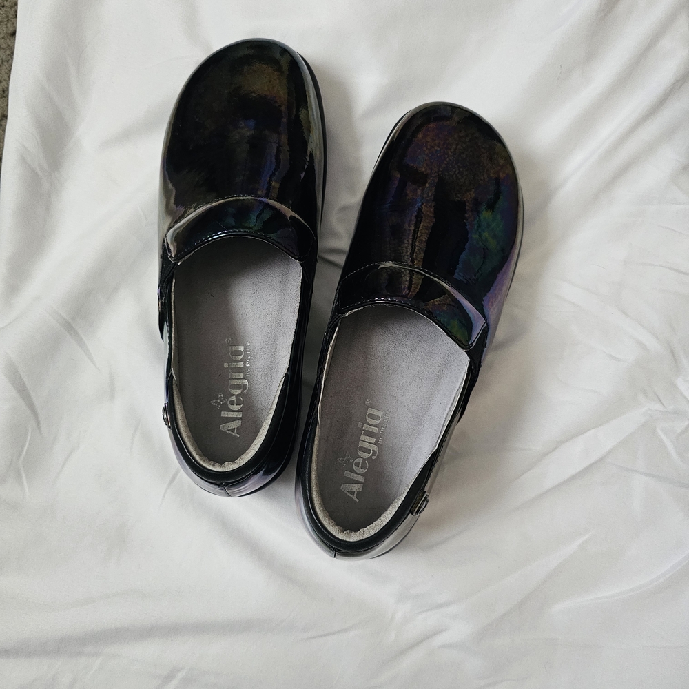 Alegria Iridescent Black Patent Slip-On Clogs